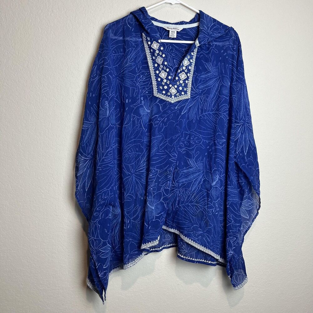 Tommy Bahama Cover Up Womens M Blue Floral Sheer Hooded Poncho Embroidered